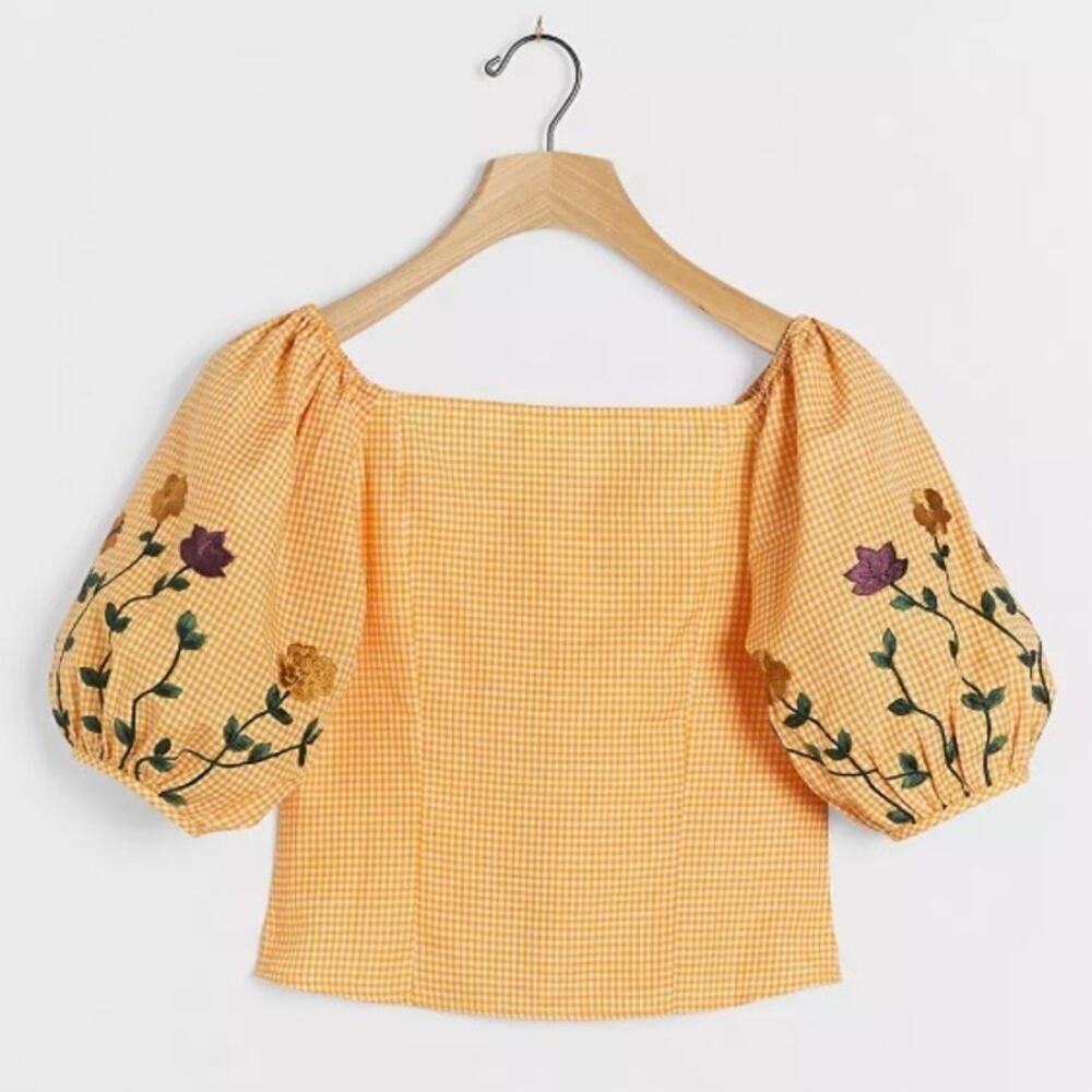 Samant Chauhan Amabella Embroidered Blouse Womens Size Small Gingham Embroidered - Picture 2 of 8